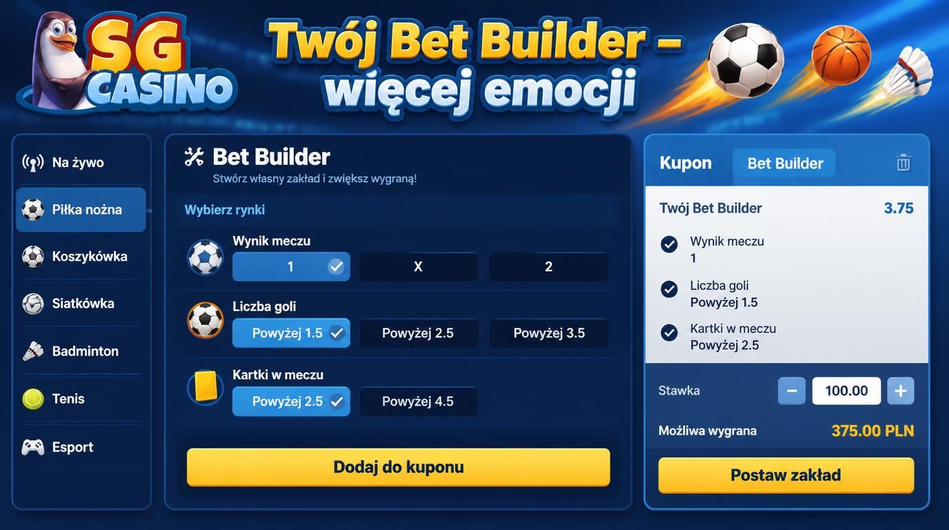 Interfejs Bet Builder z wieloma rynkami na jednym meczu – piłka nożna, liczba goli, kartki