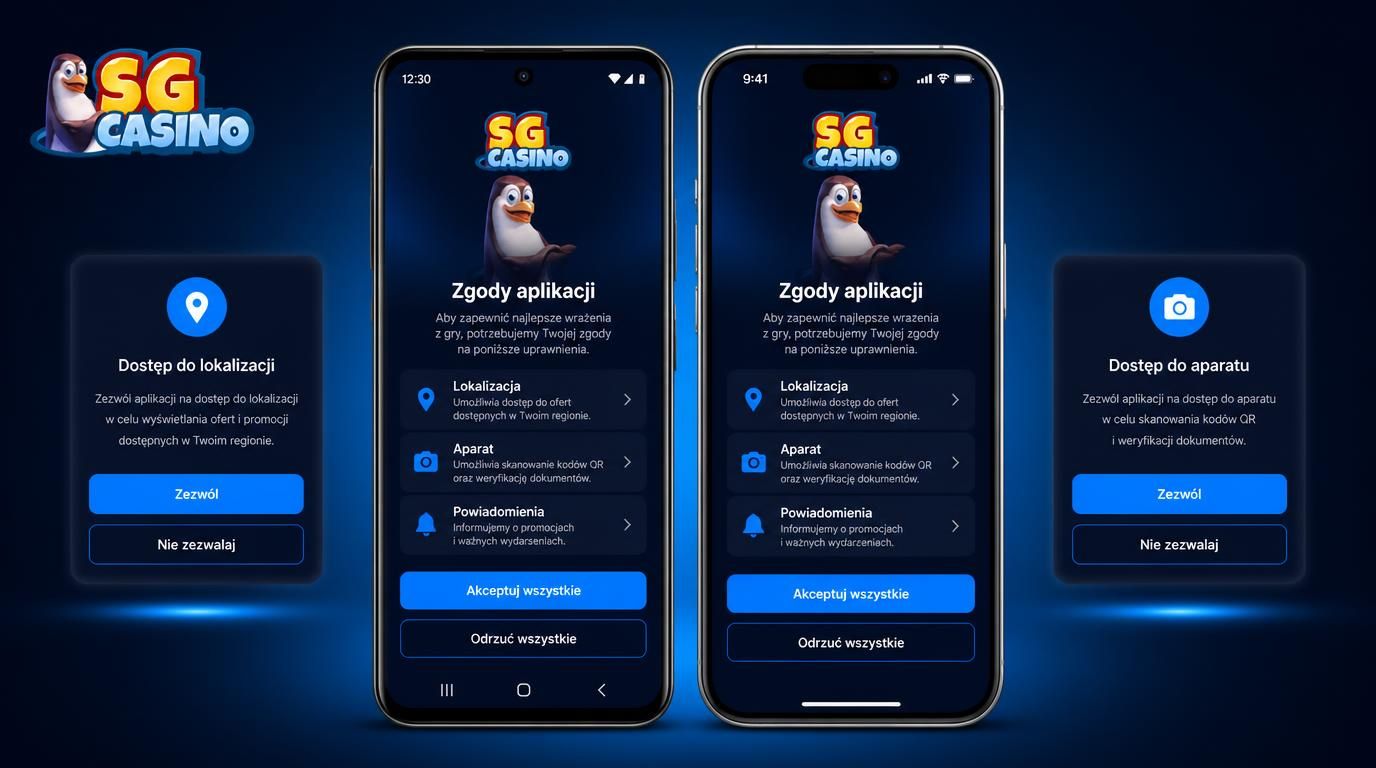 ekran zgód aplikacji SG Casino z opcjami lokalizacji i aparatu na ciemnym tle