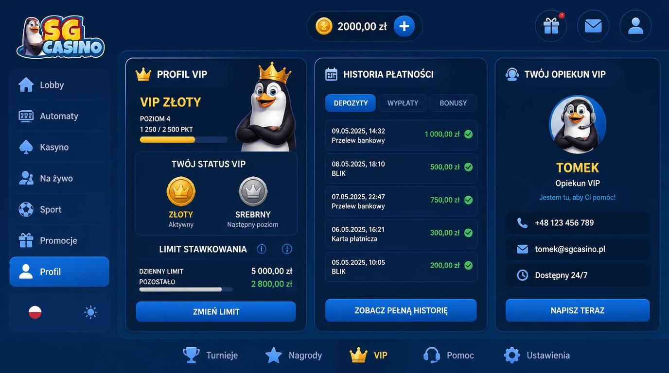 ekran VIP z limitem stawek, historią wypłat i komunikacją z opiekunem