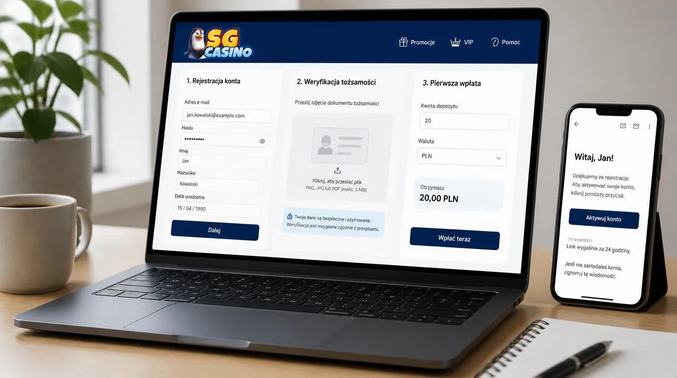 Laptop z formularzem rejestracji, panelem weryfikacji dokumentów i ekranem wpłaty w PLN
