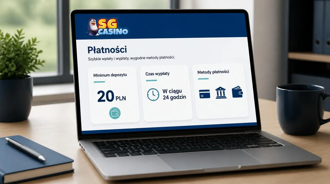 Panel płatności kasyna z depozytem 20 PLN, czasem wypłaty do 24 godzin i ikonami metod płatności